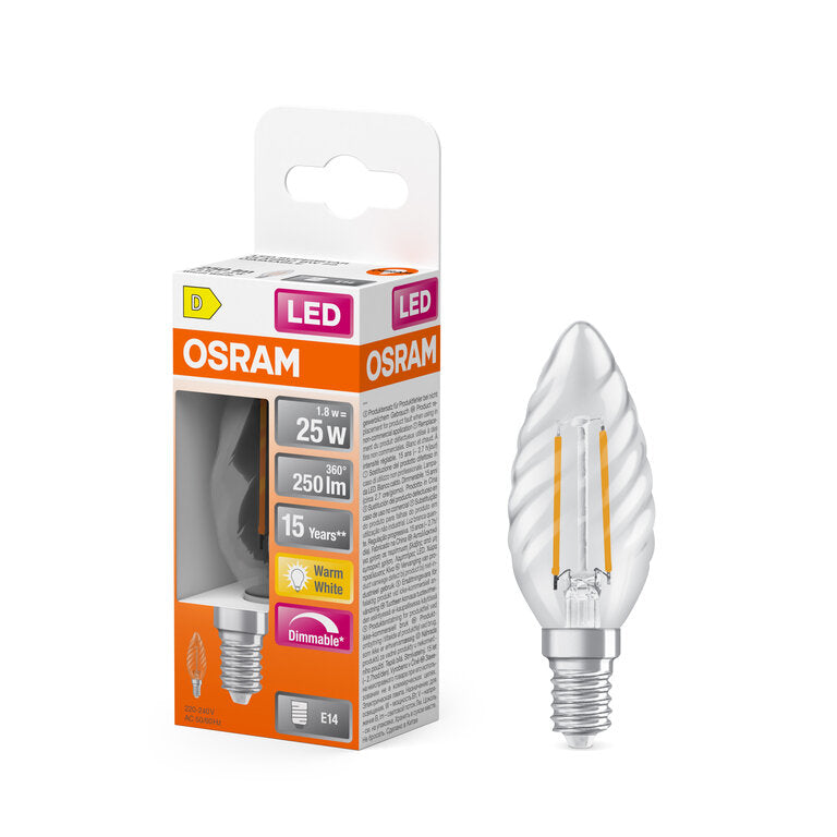 Osram / Ledvance LED Filament Superstar Kerze BW klar gedreht 320° 1,8-25W/827 warmweiß 250lm E14 220-240V dimmbar