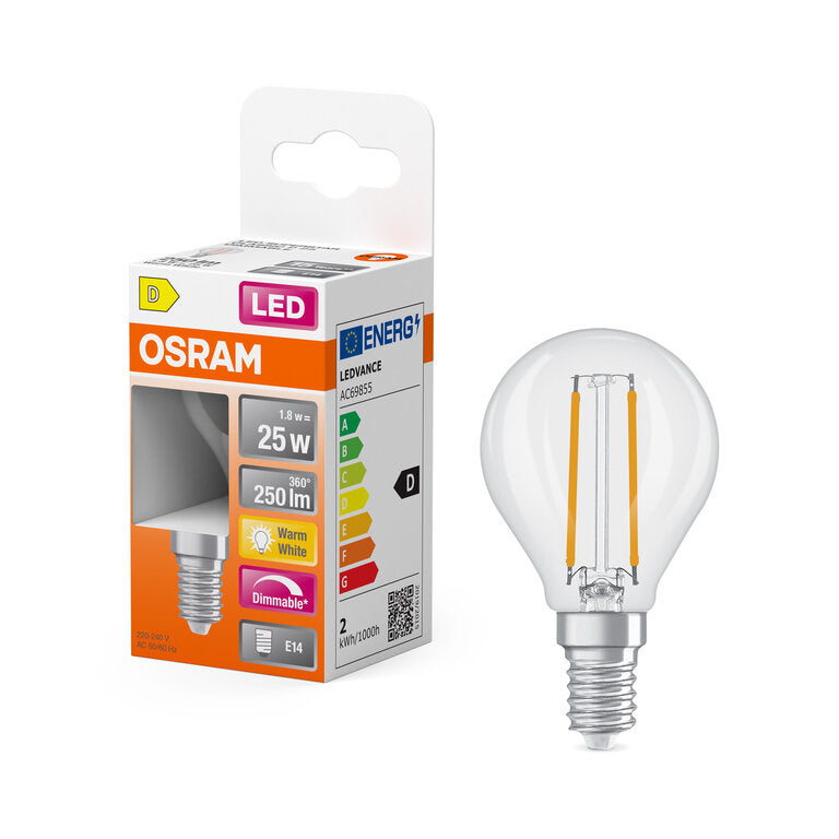 Osram / Ledvance LED Filament Superstar Tropfen P klar 320° 1,8-25W/827 warmweiß 250lm E14 220-240V dimmbar