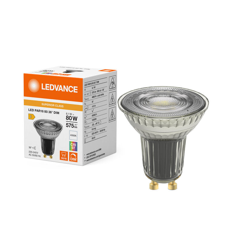 Osram / Ledvance LED Spot PAR16 36° Superior 6,1-80W/940 kaltweiß 575lm GU10 220-240V dimmbar