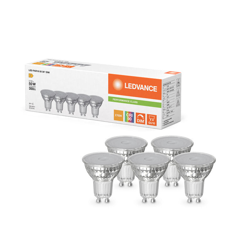 Osram / Ledvance LED Spot PAR16 36° Performance 3,7-50W/927 warmweiß 350lm GU10 220-240V dimmbar 5er Pack