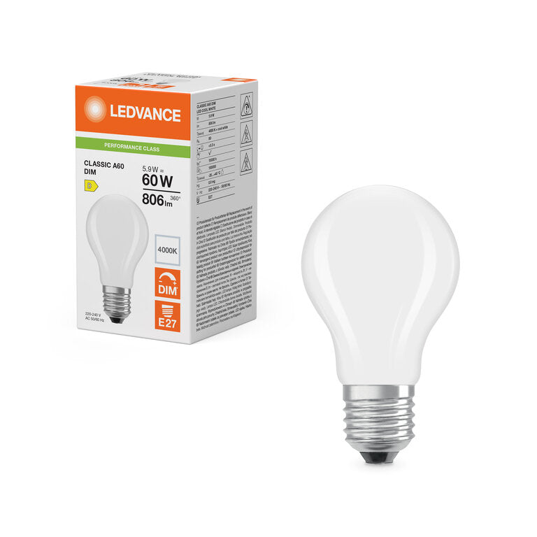 Osram / Ledvance LED Filament Classic A matt 300° Performance 5,9-60W/840 kaltweiß 806lm E27 220-240V dimmbar