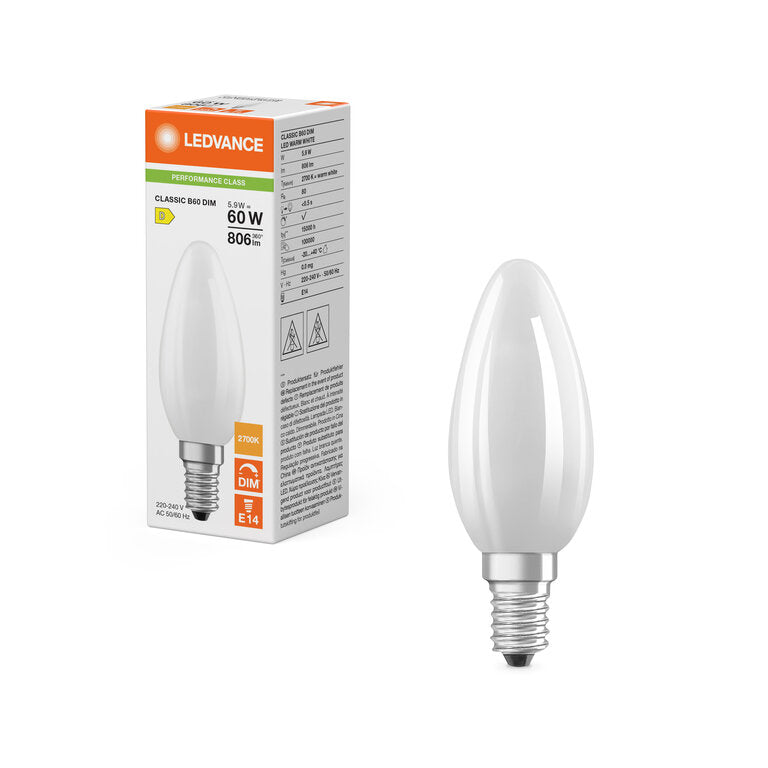Osram / Ledvance LED Filament Kerze B matt 300° Performance 5,9-60W/827 warmweiß 806lm E14 220-240V dimmbar