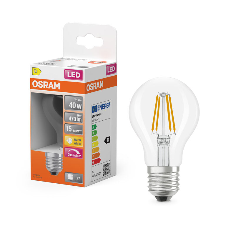 Osram / Ledvance LED Filament Superstar Classic A klar 320° 3,4-40W/827 warmweiß 470lm E27 220-240V dimmbar
