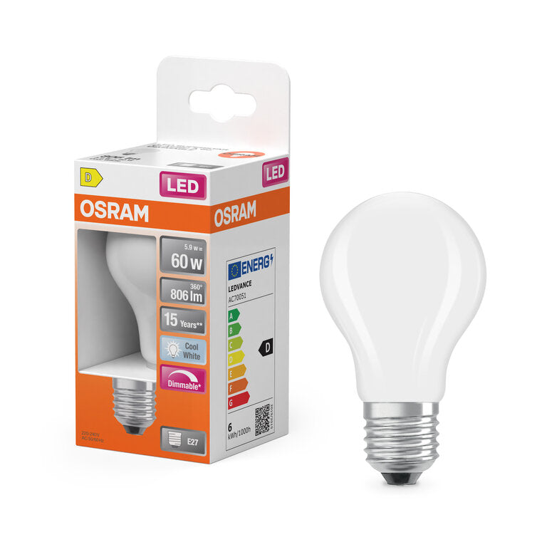 Osram / Ledvance LED Filament Superstar Classic A matt 300° 5,9-60W/840 kaltweiß 806lm E27 220-240V dimmbar