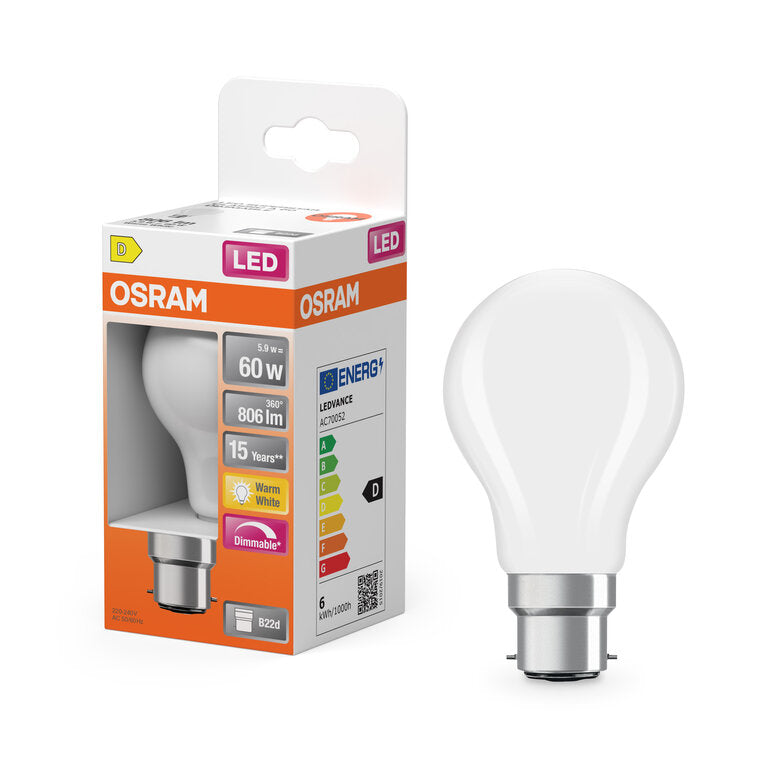 Osram / Ledvance LED Filament Superstar Classic A matt 300° 5,9-60W/827 warmweiß 806lm B22d 220-240V dimmbar