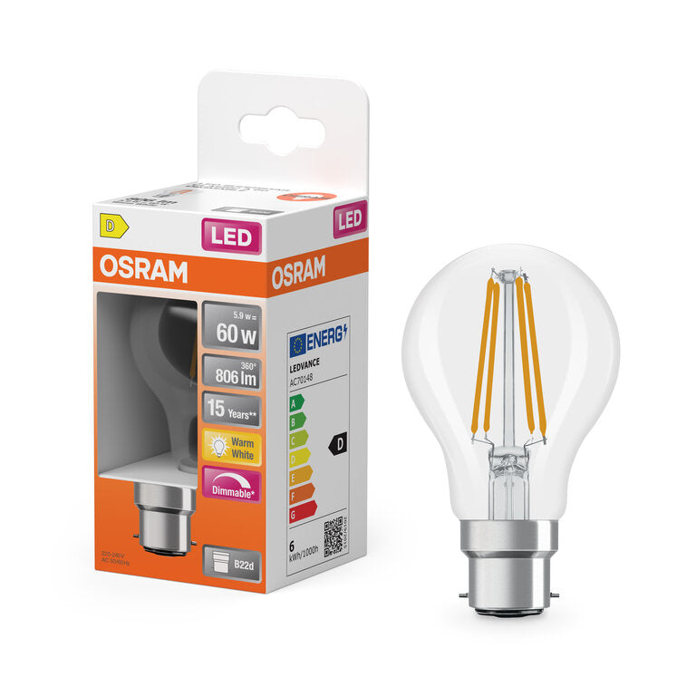 Osram / Ledvance LED Filament Superstar Classic A klar 300° 5,9-60W/827 warmweiß 806lm B22d 220-240V dimmbar