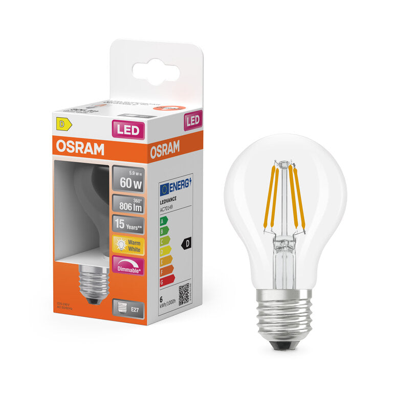 Osram / Ledvance LED Filament Superstar Classic A klar 300° 5,9-60W/827 warmweiß 806lm E27 220-240V dimmbar