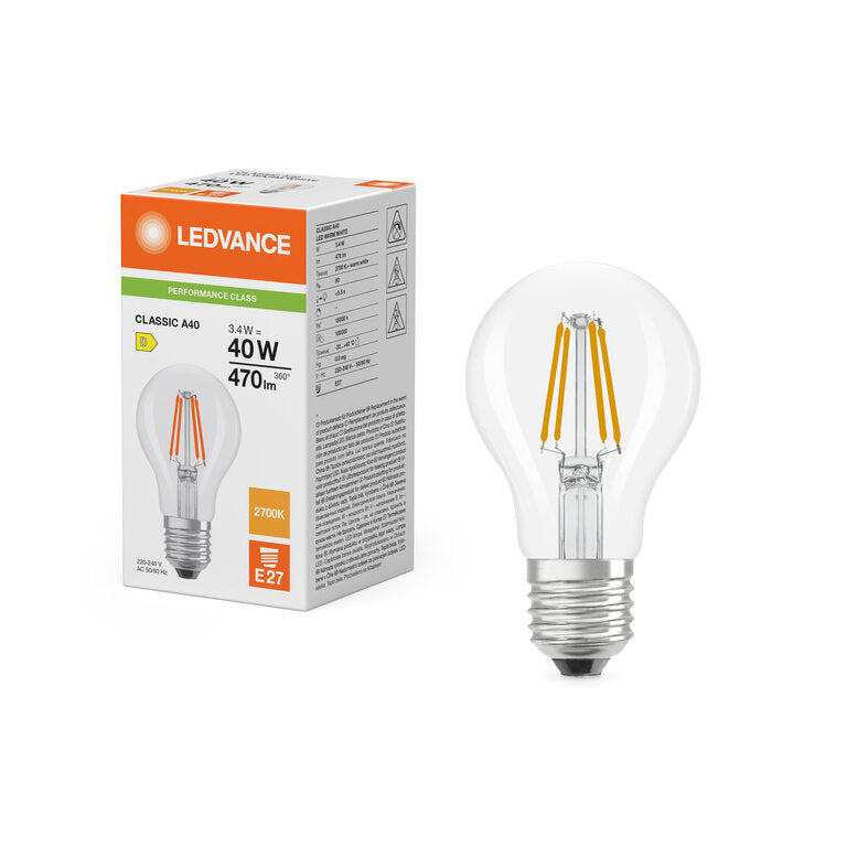 Osram / Ledvance LED Filament Classic A klar 300° Performance 3,4-40W/827 warmweiß 470lm E27 220-240V