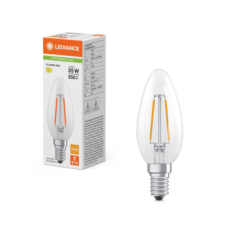 Osram / Ledvance LED Filament Kerze B klar 300° Performance 1,8-25W/827 warmweiß 250lm E14 220-240V