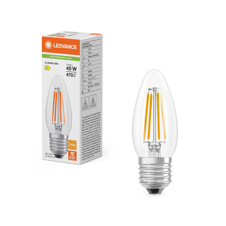 Osram / Ledvance LED Filament Kerze B klar 300° Performance 3,4-40W/827 warmweiß 470lm E27 220-240V