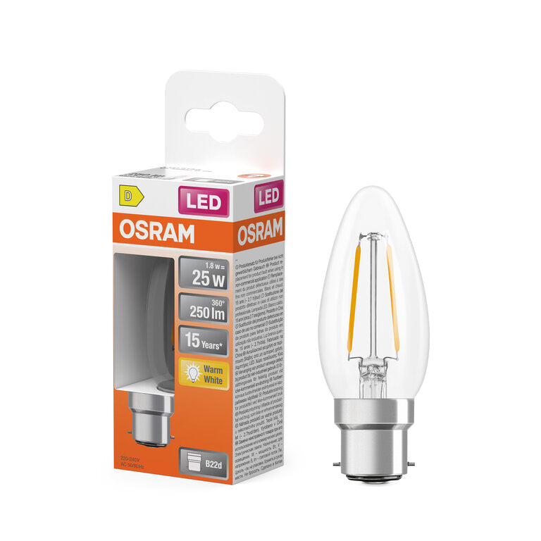 Osram / Ledvance LED Filament Star Kerze B klar 300° 1,8-25W/827 warmweiß 250lm B22d 220-240V