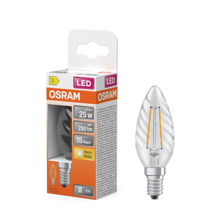 Osram / Ledvance LED Filament Star Kerze BW klar gedreht 300° 1,8-25W/827 warmweiß 250lm E14 220-240V