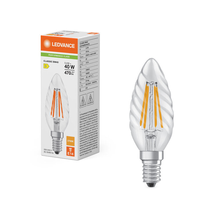 Osram / Ledvance LED Filament Kerze BW klar gedreht 300° Performance 3,4-40W/827 warmweiß 470lm E14 220-240V