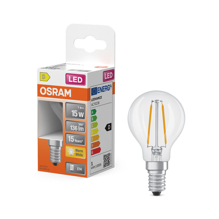 Osram / Ledvance LED Filament Star Tropfen P klar 300° 1-15W/827 warmweiß 136lm E14 220-240V