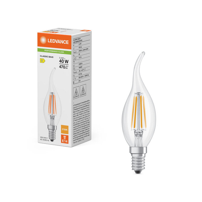 Osram / Ledvance LED Filament Kerze BA klar Windstoß 300° Performance 3,4-40W/827 warmweiß 470lm E14 220-240V