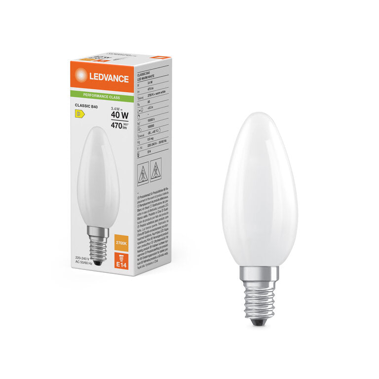 Osram / Ledvance LED Filament Kerze B matt 300° Performance 3,4-40W/827 warmweiß 470lm E14 220-240V