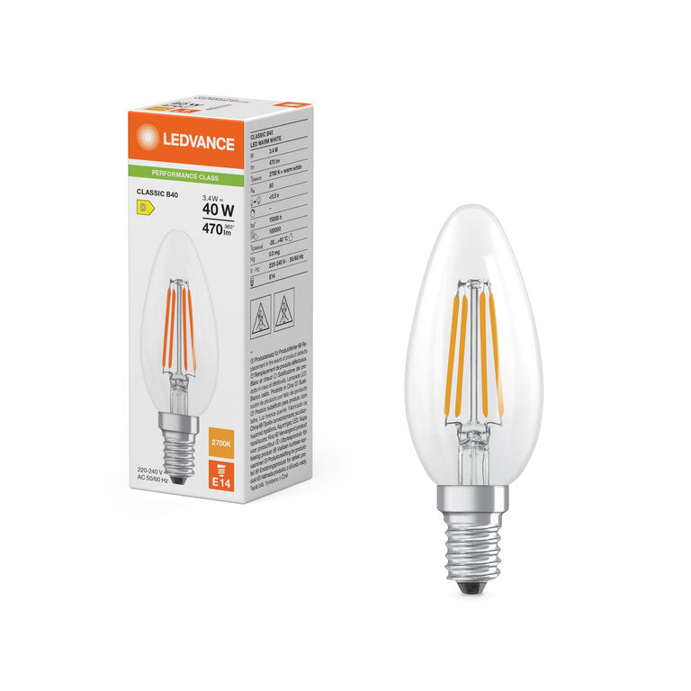 Osram / Ledvance LED Filament Kerze B klar 300° Performance 3,4-40W/827 warmweiß 470lm E14 220-240V