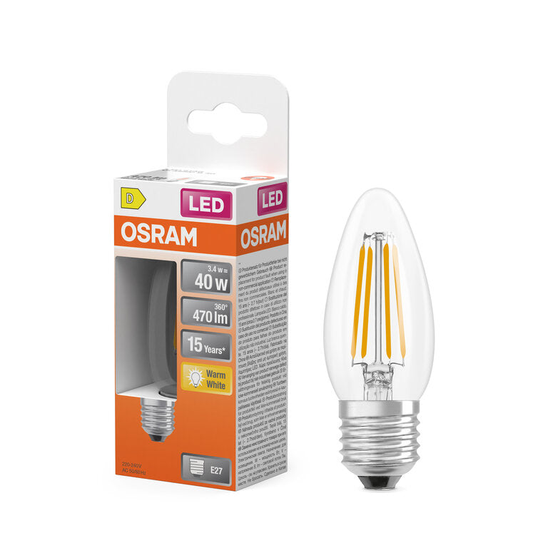 Osram / Ledvance LED Filament Star Kerze B klar 300° 3,4-40W/827 warmweiß 470lm E27 220-240V