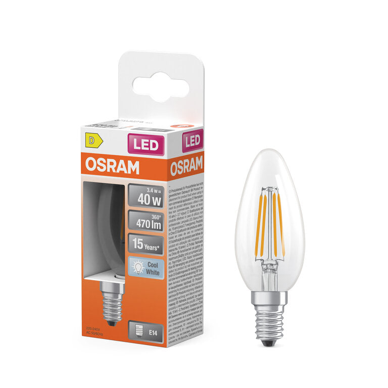 Osram / Ledvance LED Filament Star Kerze B klar 300° 3,4-40W/840 kaltweiß 470lm E14 220-240V