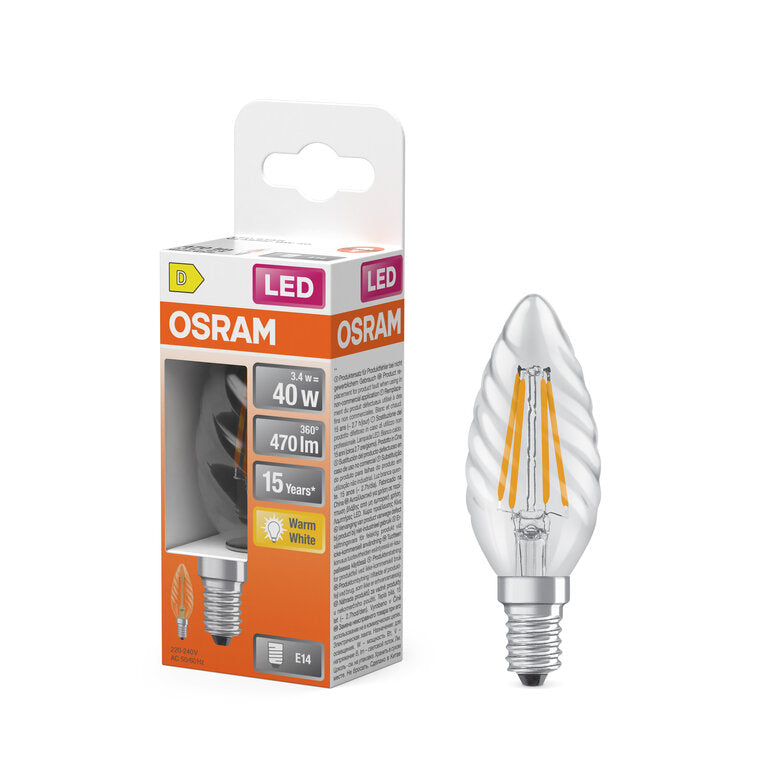 Osram / Ledvance LED Filament Star Kerze BW klar gedreht 300° 3,4-40W/827 warmweiß 470lm E14 220-240V