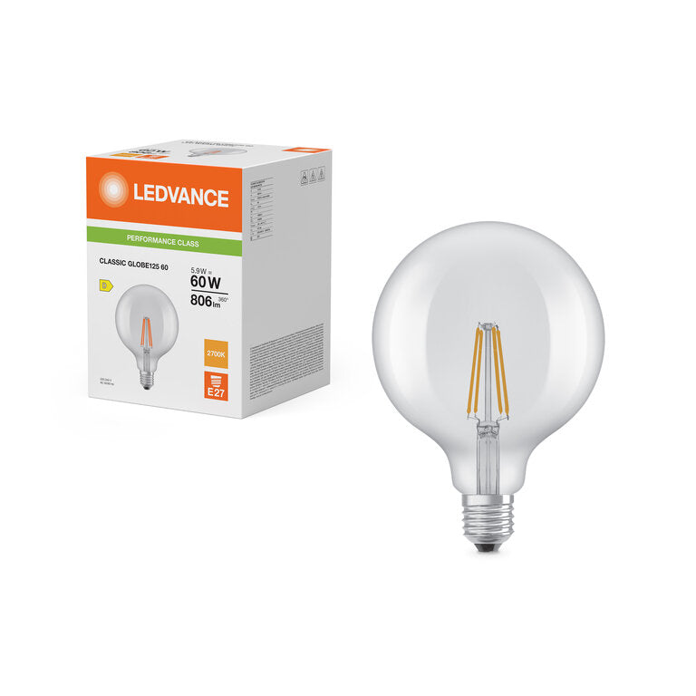 Osram / Ledvance LED Filament Globe G125 klar 300° Performance 5,9-60W/827 warmweiß 806lm E27 220-240V