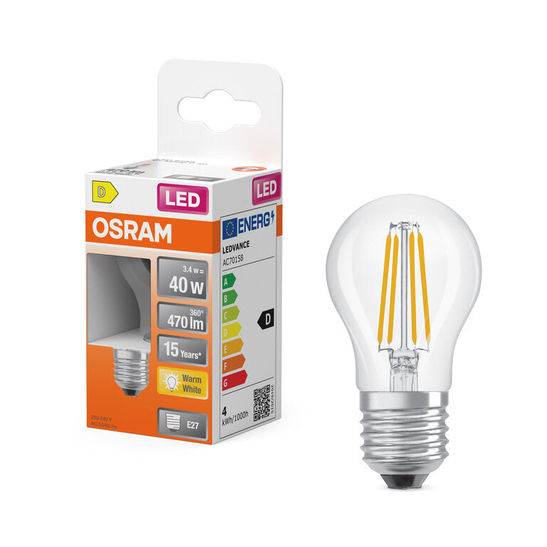 Osram / Ledvance LED Filament Star Tropfen P klar 300° 3,4-40W/827 warmweiß 470lm E27 220-240V