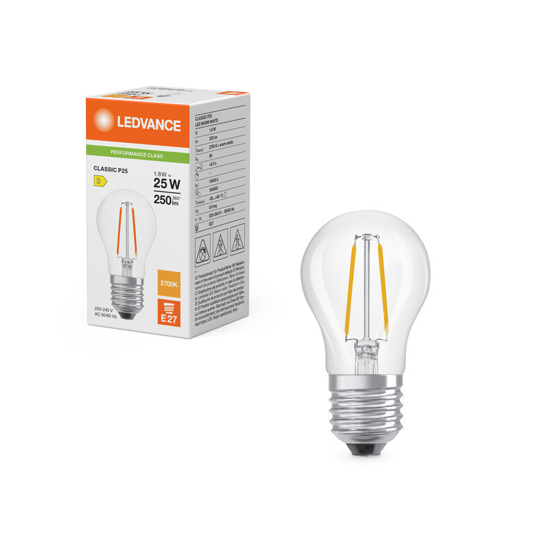 Osram / Ledvance LED Filament Tropfen P klar 300° Performance 1,8-25W/827 warmweiß 250lm E27 220-240V