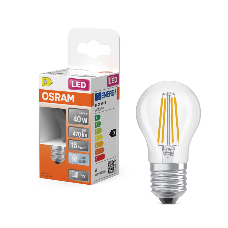 Osram / Ledvance LED Filament Star Tropfen P klar 300° 3,4-40W/840 kaltweiß 470lm E27 220-240V