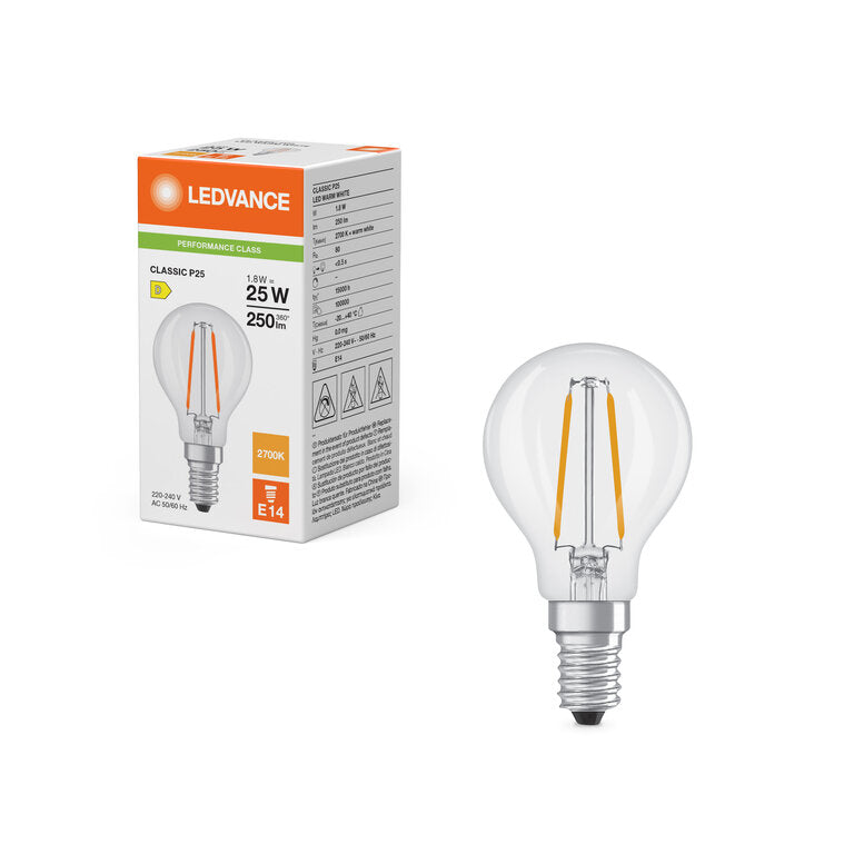 Osram / Ledvance LED Filament Tropfen P klar 300° Performance 1,8-25W/827 warmweiß 250lm E14 220-240V