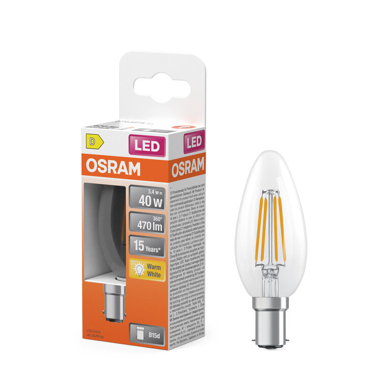 Osram / Ledvance LED Filament Star Kerze B klar 300° 3,4-40W/827 warmweiß 470lm B15d 220-240V
