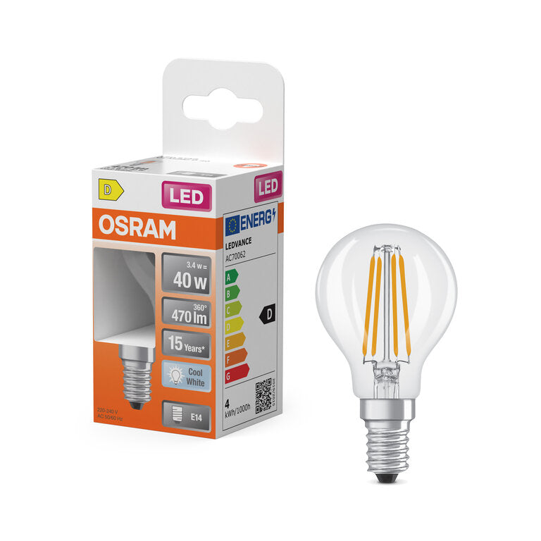 Osram / Ledvance LED Filament Star Tropfen P klar 300° 3,4-40W/840 kaltweiß 470lm E14 220-240V