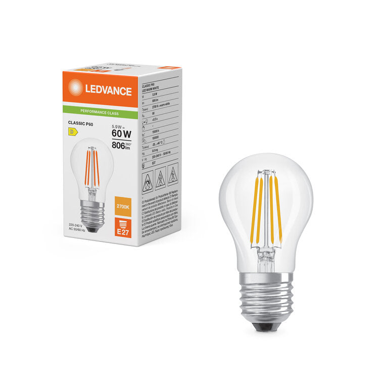 Osram / Ledvance LED Filament Tropfen P klar 300° Performance 5,9-60W/827 warmweiß 806lm E27 220-240V