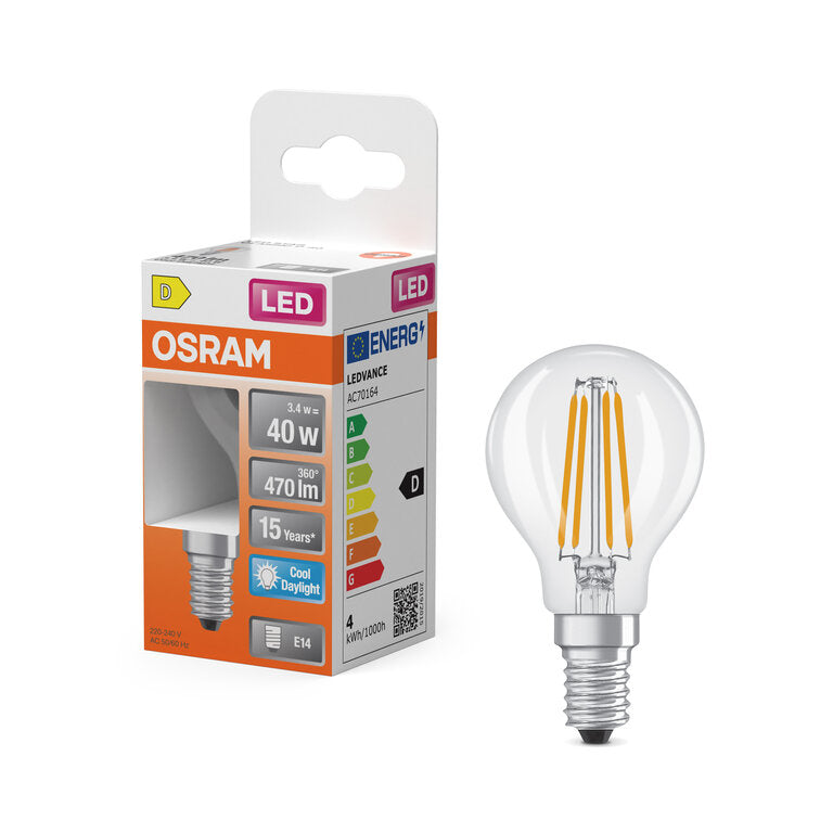 Osram / Ledvance LED Filament Star Tropfen P klar 300° 3,4-40W/865 tageslichtweiß 470lm E14 220-240V