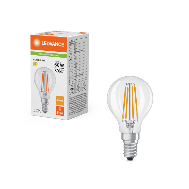 Osram / Ledvance LED Filament Tropfen P klar 300° Performance 5,9-60W/827 warmweiß 806lm E14 220-240V