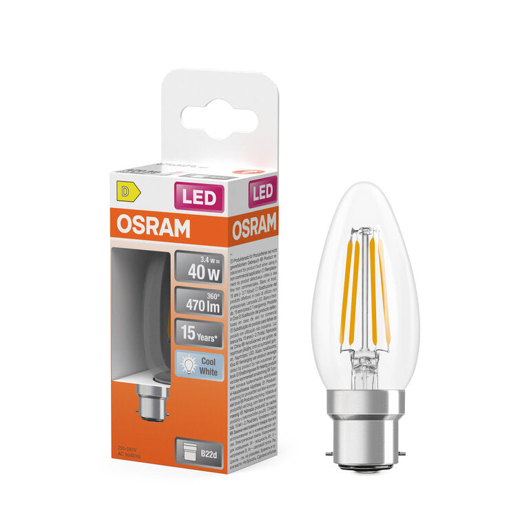 Osram / Ledvance LED Filament Star Kerze B klar 300° 3,4-40W/840 kaltweiß 470lm B22d 220-240V