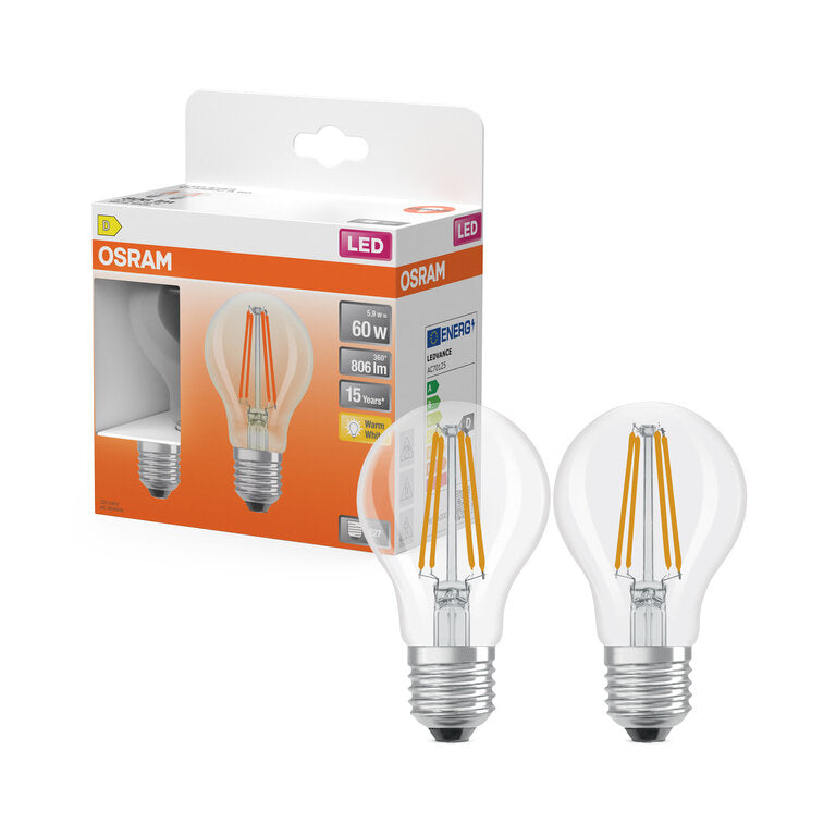 Osram / Ledvance LED Filament Star Classic A klar 300° 5,9-60W/827 warmweiß 806lm E27 220-240V 2er Pack