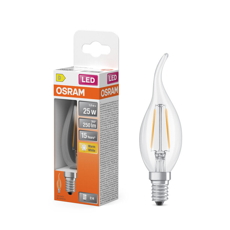 Osram / Ledvance LED Filament Star Kerze BA klar Windstoß 300° 1,8-25W/827 warmweiß 250lm E14 220-240V
