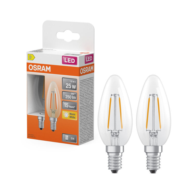 Osram / Ledvance LED Filament Star Kerze B klar 300° 1,8-25W/827 warmweiß 250lm E14 220-240V 2er Pack