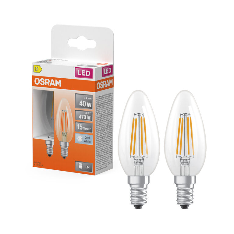 Osram / Ledvance LED Filament Star Kerze B klar 300° 3,4-40W/840 kaltweiß 470lm E14 220-240V 2er Pack
