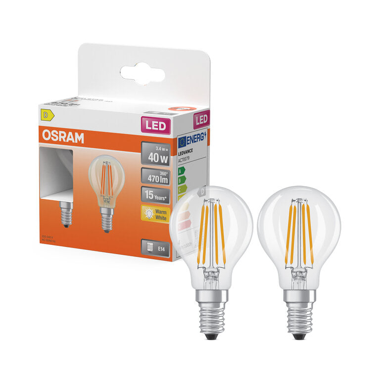 Osram / Ledvance LED Filament Star Tropfen P klar 300° 3,4-40W/827 warmweiß 470lm E14 220-240V 2er Pack