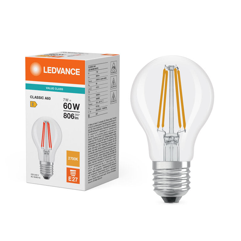 Osram / Ledvance LED Filament Classic A klar 300° Value 7-60W/827 warmweiß 806lm E27 220-240V