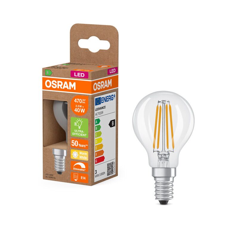 Osram / Ledvance LED Filament Tropfen P klar 300° UltraEfficient 2,5-40W/827 warmweiß 470lm E14 220-240V dimmbar