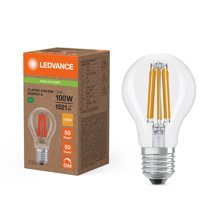 Osram / Ledvance LED Filament Classic A klar 300° Superior 7,2-100W/827 warmweiß 1521lm E27 220-240V dimmbar