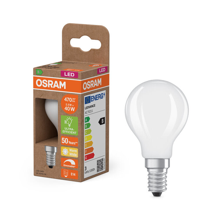 Osram / Ledvance LED Tropfen P matt 300° UltraEfficient 2,5-40W/827 warmweiß 470lm E14 220-240V dimmbar