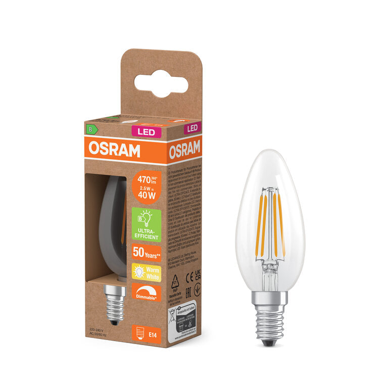 Osram / Ledvance LED Filament Kerze B klar 300° UltraEfficient 2,5-40W/827 warmweiß 470lm E14 220-240V dimmbar
