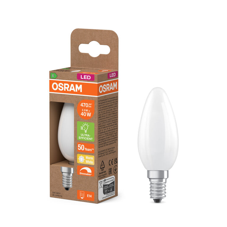 Osram / Ledvance LED Kerze B matt 300° UltraEfficient 2,5-40W/827 warmweiß 470lm E14 220-240V dimmbar