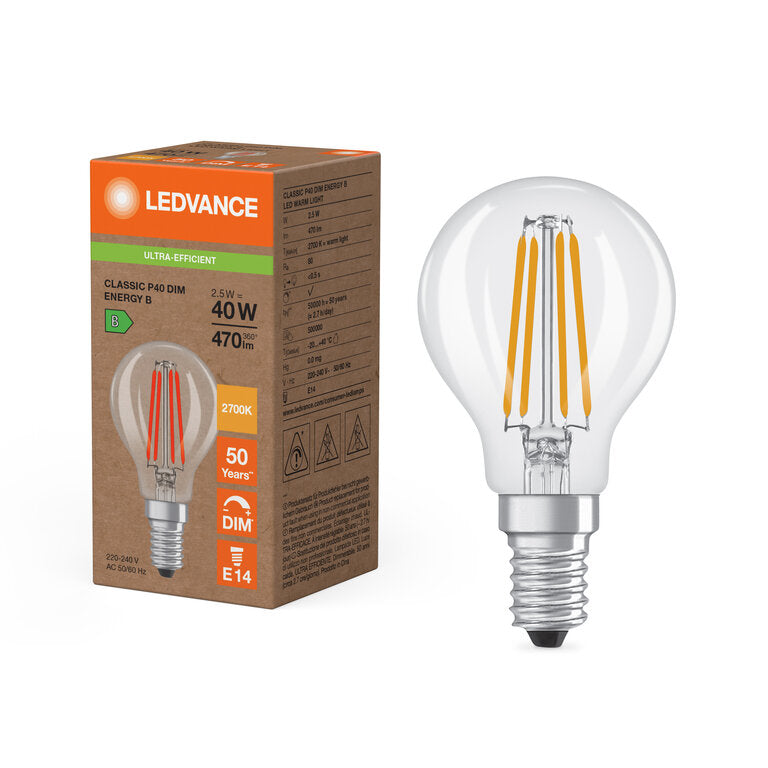 Osram / Ledvance LED Filament Tropfen P klar 300° Superior 2,5-40W/827 warmweiß 470lm E14 220-240V dimmbar