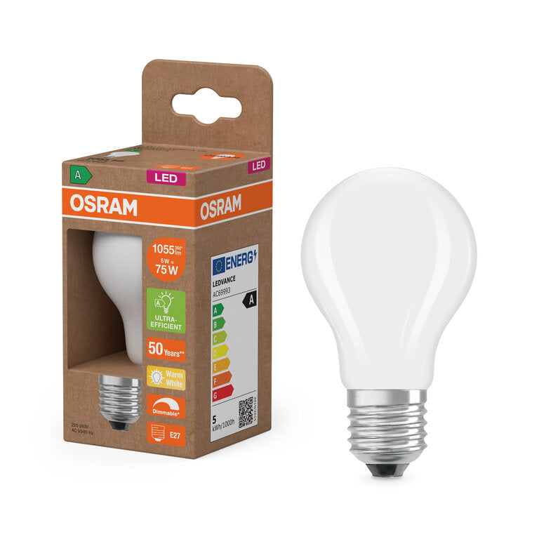 Osram / Ledvance LED Filament Classic A matt 300° UltraEfficient 5-75W/827 warmweiß 1055lm E27 220-240V dimmbar