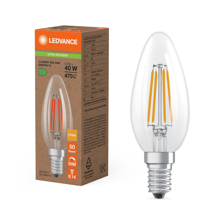Osram / Ledvance LED Filament Kerze B klar 300° Superior 2,5-40W/827 warmweiß 470lm E14 220-240V dimmbar