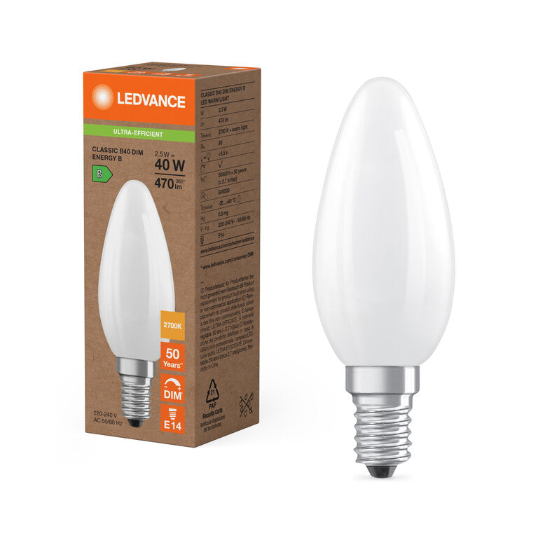 Osram / Ledvance LED Filament Kerze B matt 300° Superior 2,5-40W/827 warmweiß 470lm E14 220-240V dimmbar